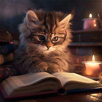 un gatito con gafas leyendo un libro