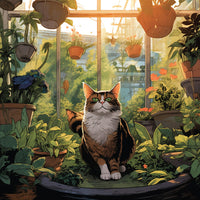 un gato medio de un jardin de plantas