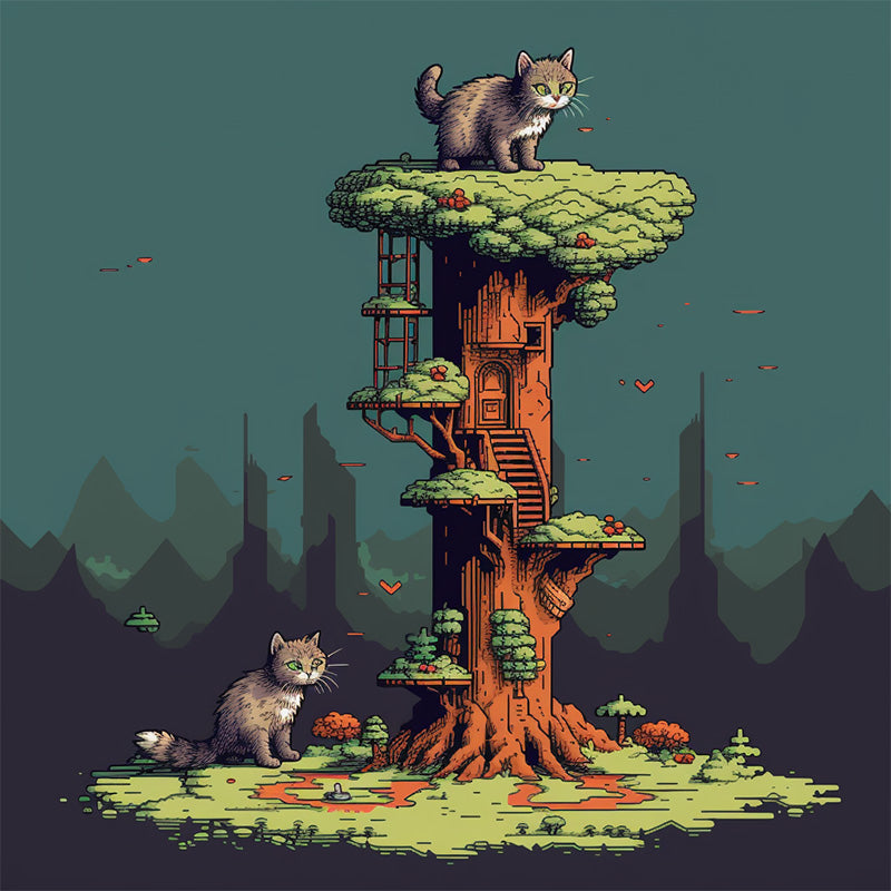 gatitos en un arbol para gatos en estilo pixel art