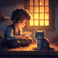 un chico dando de comer a un gatito