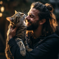 un hombre jugando con su gato