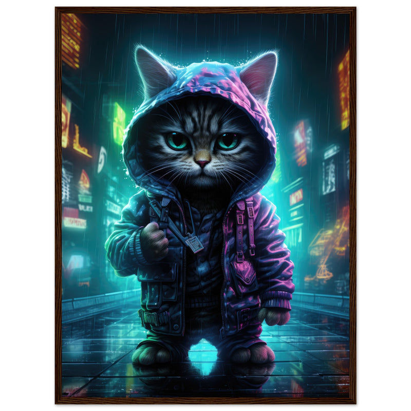 Póster semibrillante de gato con marco de madera "Munchkin Gángster Cyberpop" Gelato