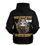 Sudadera deportiva con capucha unisex estampado de gato "El Samurai del Atún"