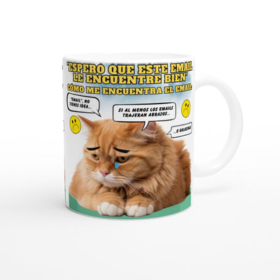 Taza blanca con impresión de gato "Melancolía Digital" Michilandia | La tienda online de los amantes de gatos