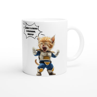 Taza Blanca con Impresión de Gato "Desafío Saiyajin" Michilandia