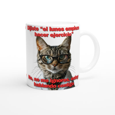 Taza Blanca con Impresión de Gato "Promesa de Ejercicio" Michilandia | La tienda online de los fans de gatos