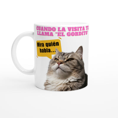 Taza blanca con impresión de gato 