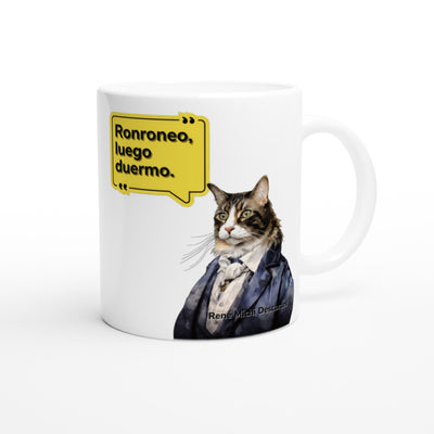 Taza blanca con impresión de gato "René Michi Descartes" Michilandia | La tienda online de los amantes de gatos