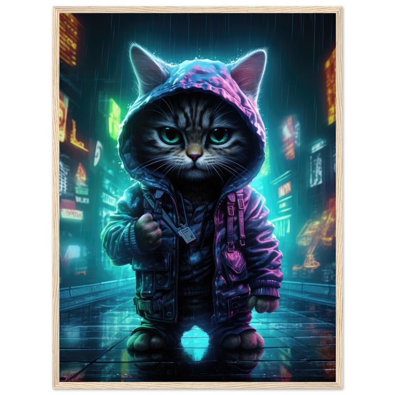 Póster semibrillante de gato con marco de madera "Munchkin Gángster Cyberpop" Gelato