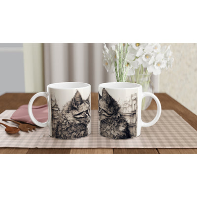 Taza blanca con impresión de gato 