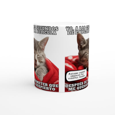 Taza Blanca con Impresión de Gato "Cinéfilo Dormilón" Michilandia | La tienda online de los amantes de gatos