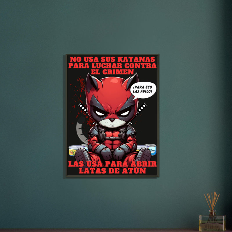 Póster Semibrillante de Gato con Marco Metal "Katanas y Latas" Michilandia | La tienda online de los amantes de gatos