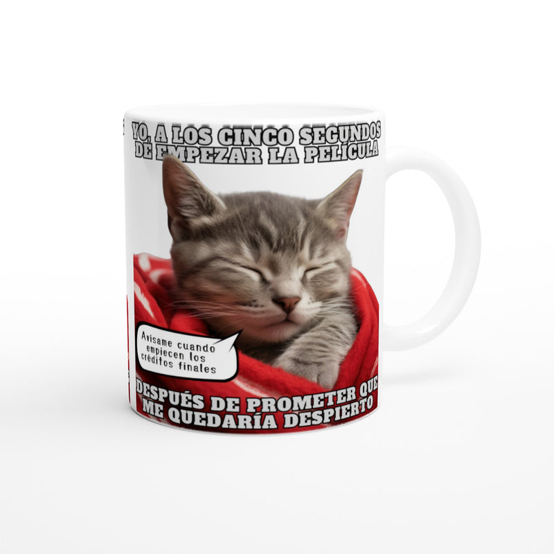 Taza Blanca con Impresión de Gato "Cinéfilo Dormilón" Michilandia | La tienda online de los amantes de gatos