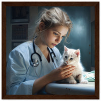 Póster semibrillante de gato con marco de madera "Karen la Veterinaria"