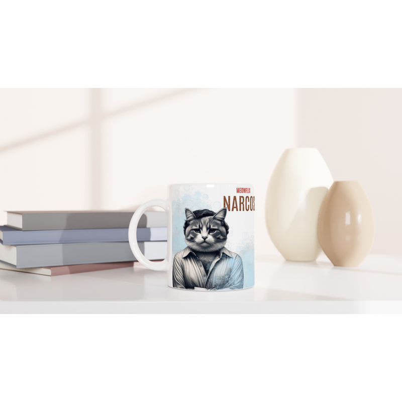 Taza Blanca con Impresión de Gato "Narcogato" Michilandia | La tienda online de los fans de gatos