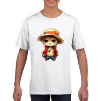 Camiseta júnior unisex estampado de gato "Miau D. Luffy"
