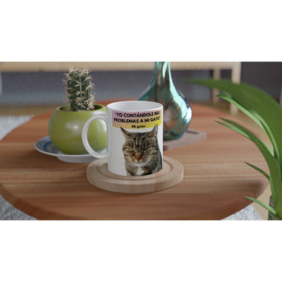 Taza Blanca con Impresión de Gato "Miau Indiferente" Michilandia