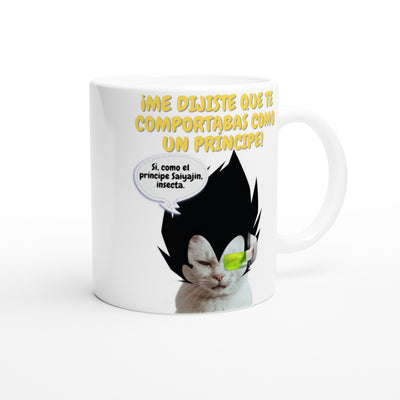 Taza Blanca con Impresión de Gato "Príncipe Saiyajin Felino" Michilandia | La tienda online de los fans de gatos