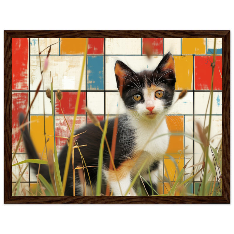 Póster de gato con marco de madera "Contrastes de Mondrian" Michilandia | La tienda online de los fans de gatos