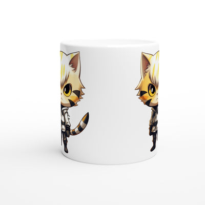 Taza blanca con impresión de gato "Gatenos: El Cyborg Felino" Michilandia | La tienda online de los amantes de gatos