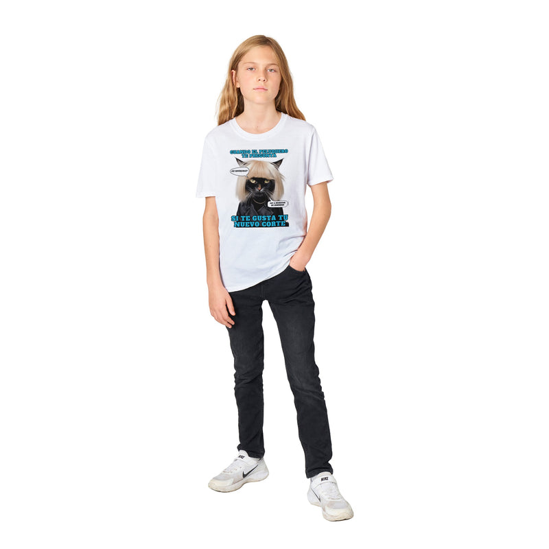 Camiseta júnior unisex estampado de gato "El Desastre Peluquero" Michilandia | La tienda online de los amantes de gatos