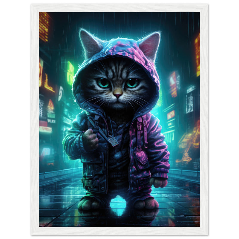 Póster semibrillante de gato con marco de madera "Munchkin Gángster Cyberpop" Gelato