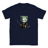 Camiseta júnior unisex estampado de gato "Ronroneo Zoro: El Espadachín Felino"