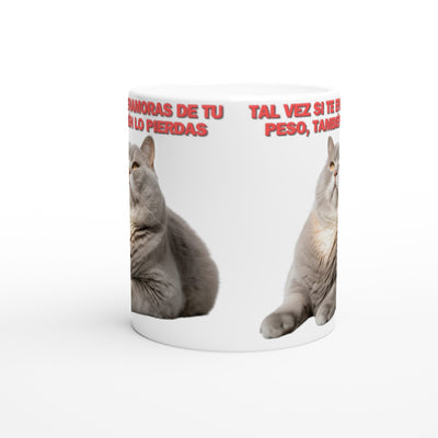 Taza Blanca con Impresión de Gato "Gordito Pensante" Michilandia | La tienda online de los fans de gatos