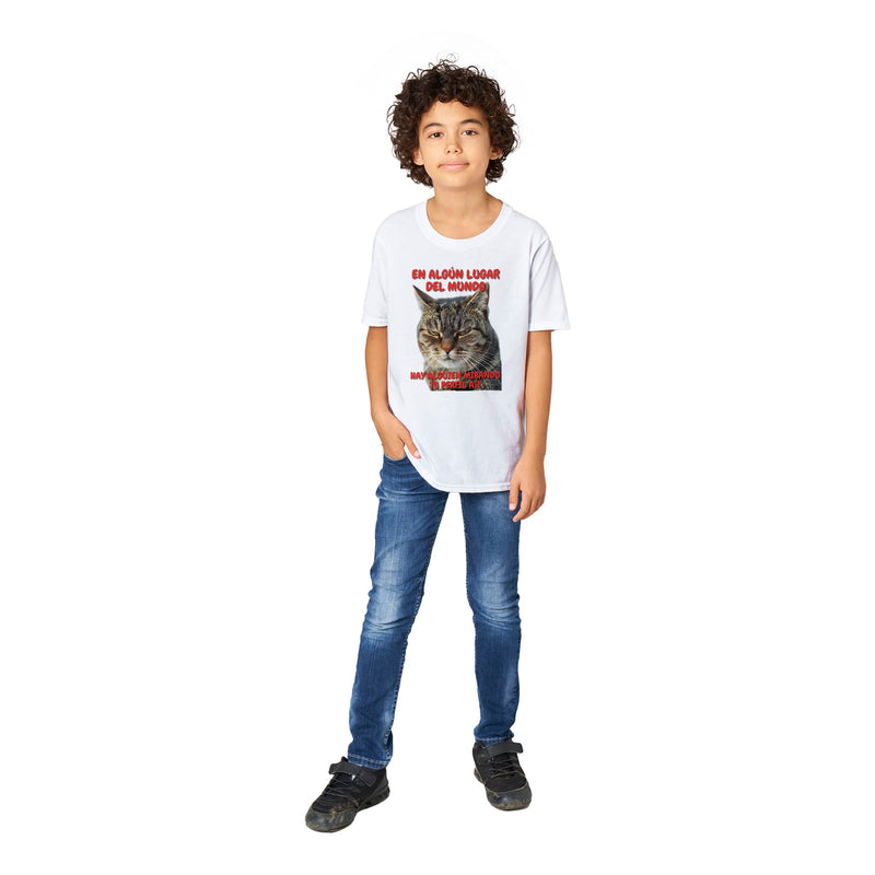 Camiseta Junior Unisex Estampado de Gato "Mirada Inquisitiva" Michilandia | La tienda online de los fans de gatos