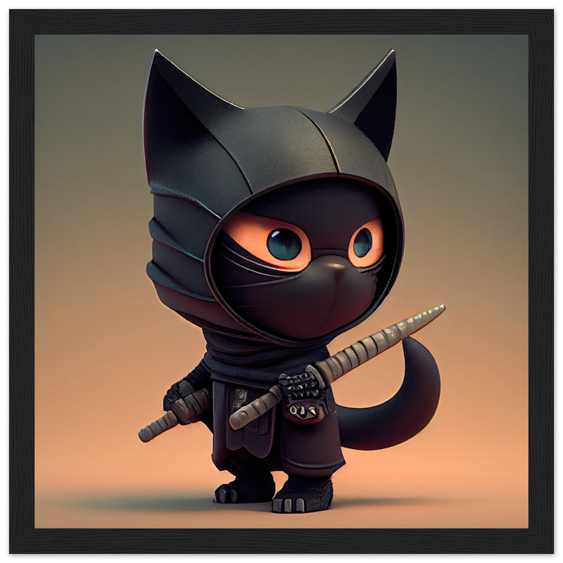 Póster semibrillante de gato con marco de madera "Gato Shinobi" Gelato