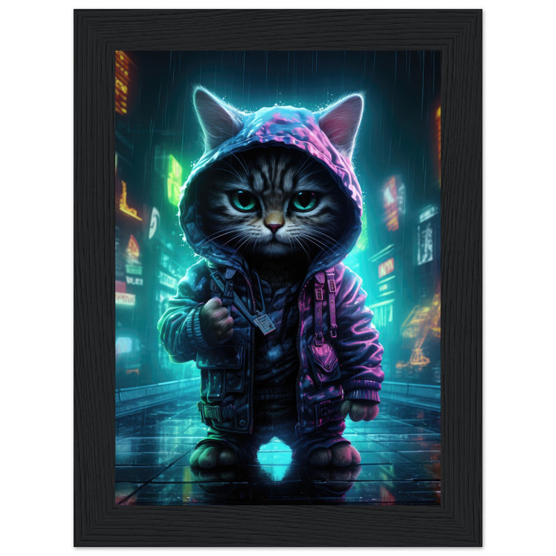 Póster semibrillante de gato con marco de madera "Munchkin Gángster Cyberpop" Gelato