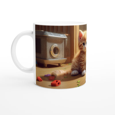 Taza blanca con impresión de gato "Michi Jugando en el Salón" Gelato