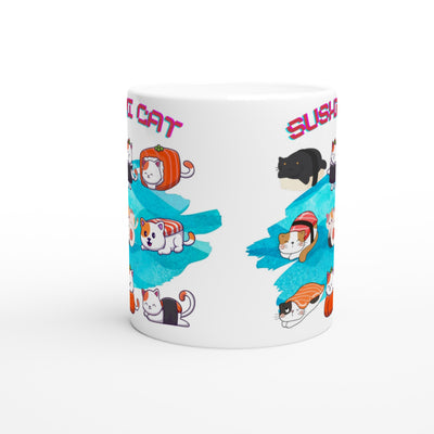 Taza Blanca con Impresión de Gato "Sushi y Ronroneos" Michilandia | La tienda online de los fans de gatos