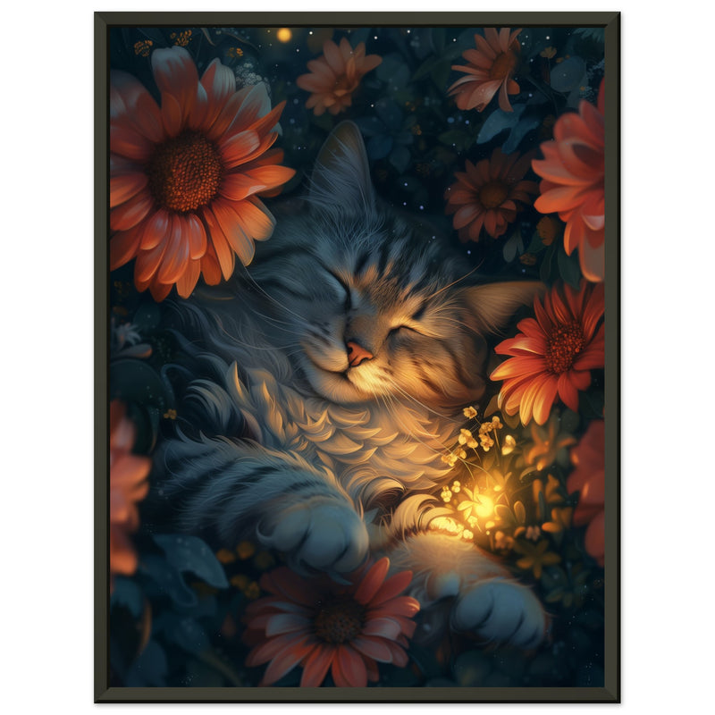 Póster Semibrillante de Gato con Marco Metal "Noche Floral Felina" Michilandia | La tienda online de los fans de gatos