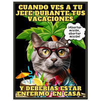 Póster Semibrillante de Gato con Marco Metal "Vacaciones Clandestinas" 45x60 cm / 18x24″
