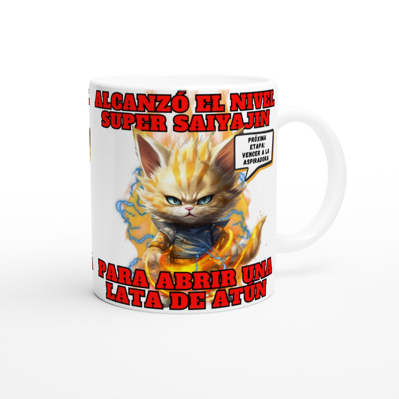 Taza blanca con impresión de gato "Super Saiyajin Felino" Michilandia | La tienda online de los amantes de gatos