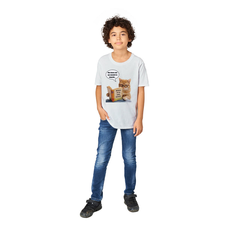 Camiseta Junior Unisex Estampado de Gato "Biografía de Karen" Michilandia