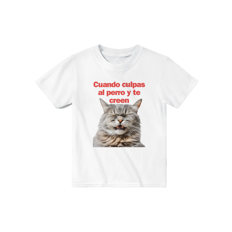 Camiseta Junior Unisex Estampado de Gato "Risa Culpable" Michilandia | La tienda online de los fans de gatos