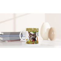 Taza blanca con impresión de gato "Vacaciones Clandestinas" Michilandia | La tienda online de los amantes de gatos