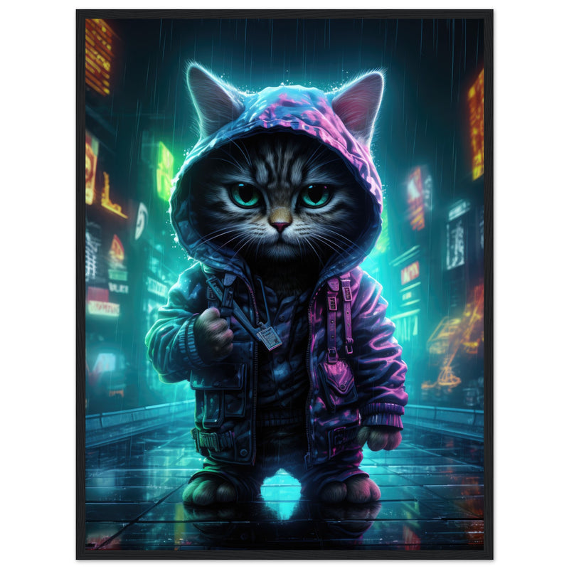 Póster semibrillante de gato con marco de madera "Munchkin Gángster Cyberpop" Gelato