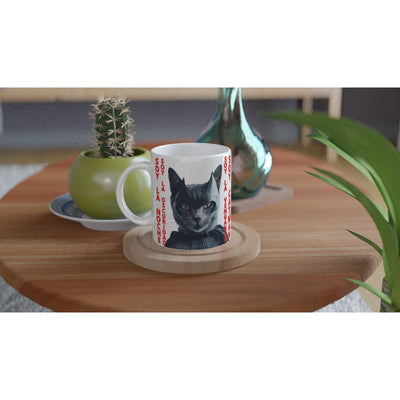 Taza Blanca con Impresión de Gato "El Caballero Gatuno" Michilandia