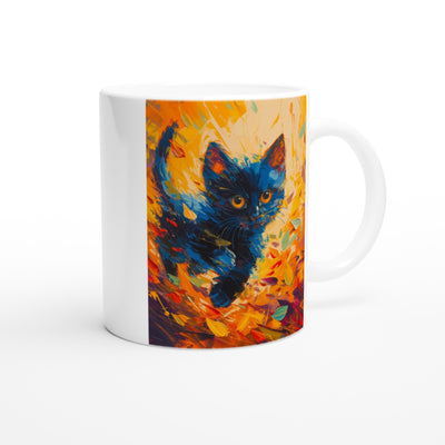 Taza Blanca con Impresión de Gato "Otoño Juguetón" Michilandia | La tienda online de los fans de gatos