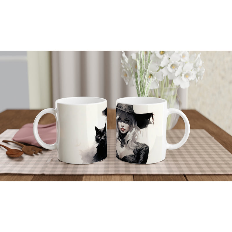 Taza blanca con impresión de gato 