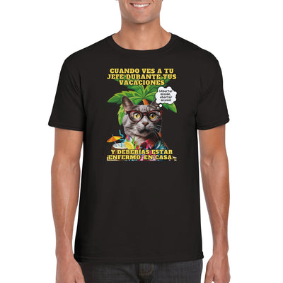 Camiseta unisex estampado de gato "Vacaciones Clandestinas" Michilandia | La tienda online de los amantes de gatos