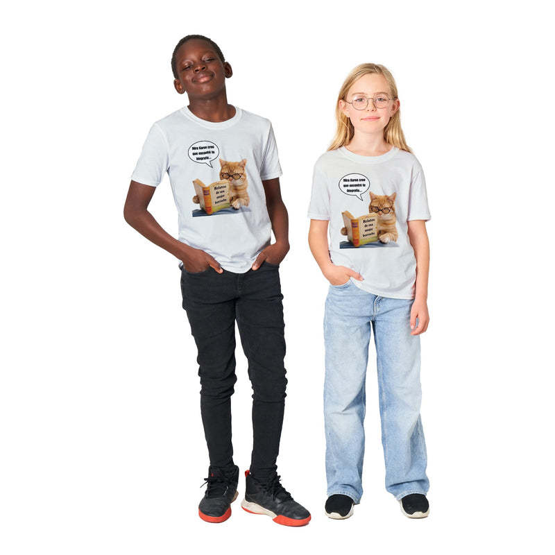 Camiseta Junior Unisex Estampado de Gato "Biografía de Karen" Michilandia