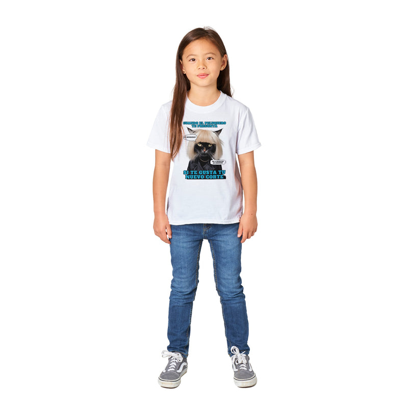 Camiseta júnior unisex estampado de gato "El Desastre Peluquero" Michilandia | La tienda online de los amantes de gatos