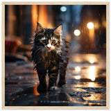 Póster semibrillante de gato con marco de madera "Vagabundo en la Noche"