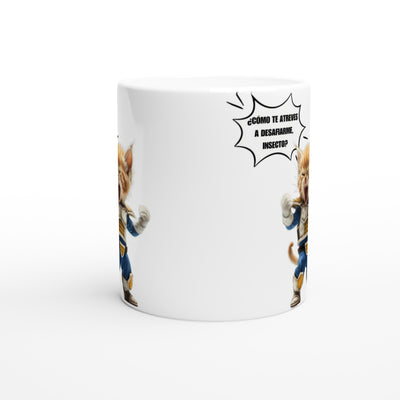 Taza Blanca con Impresión de Gato "Desafío Saiyajin" Michilandia