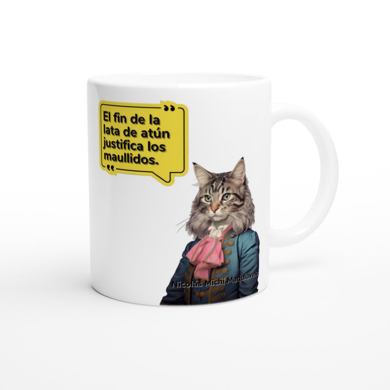 Taza blanca con impresión de gato "Nicolás Michi Maquiavelo" Michilandia | La tienda online de los amantes de gatos