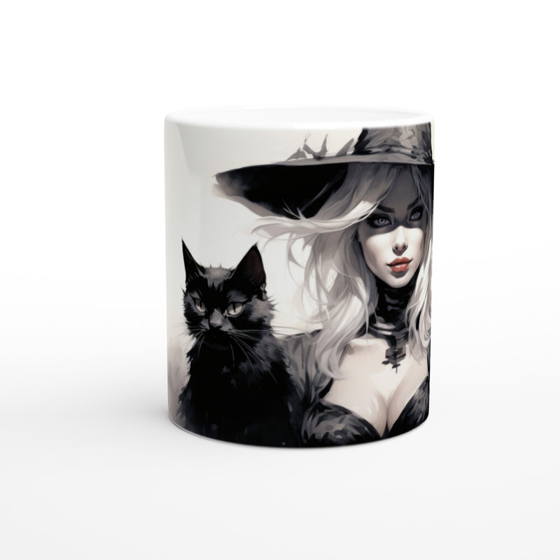 Taza blanca con impresión de gato 